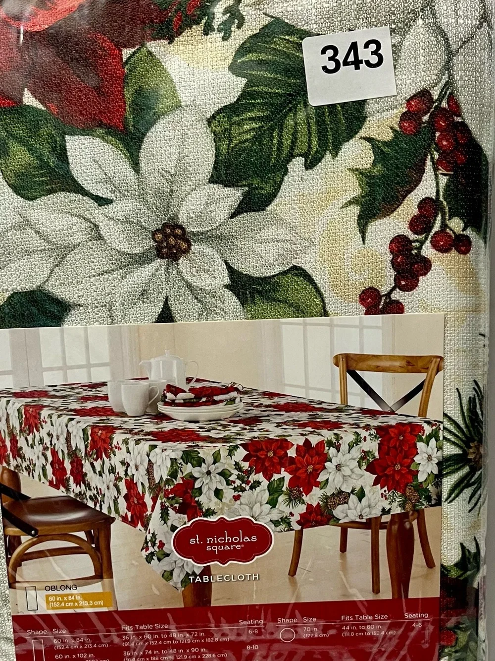 St. Nicholas Square Christmas Tablecloth Oblong 60x84 NWT Poinsettia Holly